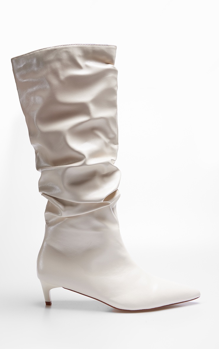 Cream Wide Fit Gathered Low Heel Knee High Boots Footwear PrettyLittleThing