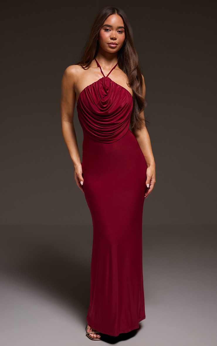 Burgundy Slinky Halterneck Draped Detail Maxi Dress