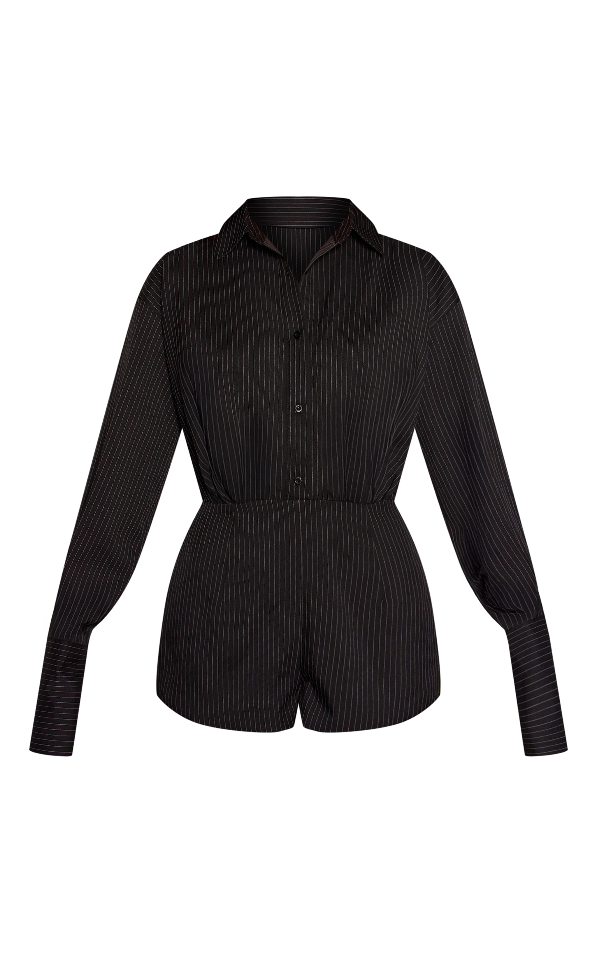 Black Woven Pinstripe Long Sleeve Button Up Playsuit image 5