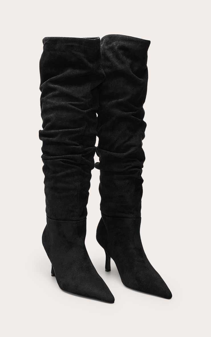 Bottes hautes en suédine noire froncées à talon image 3