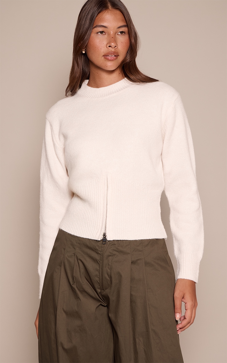 Cream Cinched Waist Zip Hem Knitted Sweater  image 1