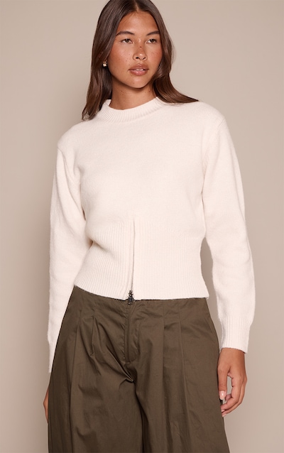Cream Cinched Waist Zip Hem Knitted Jumper