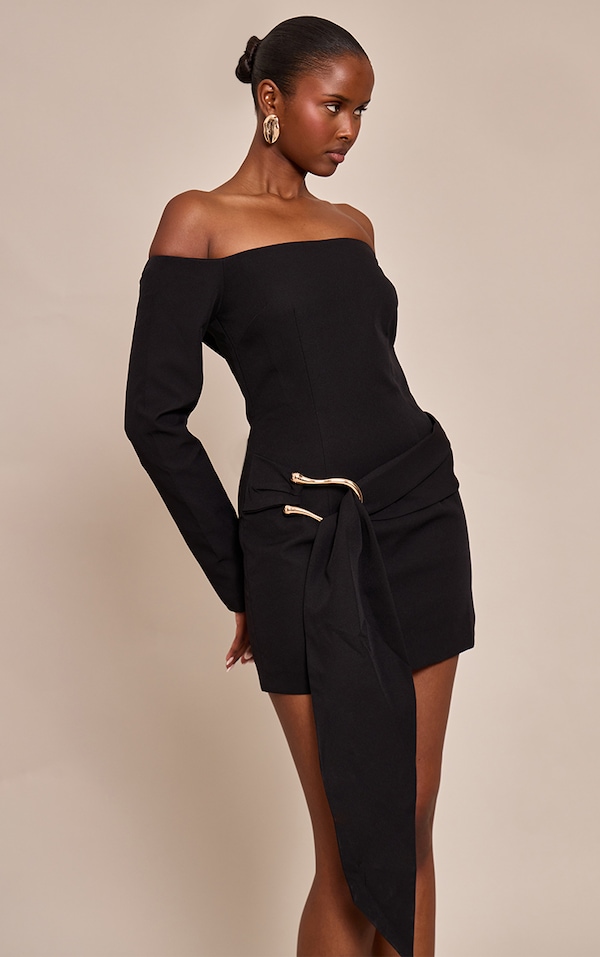 Black Woven Belt Detail Long Sleeve Mini Dress