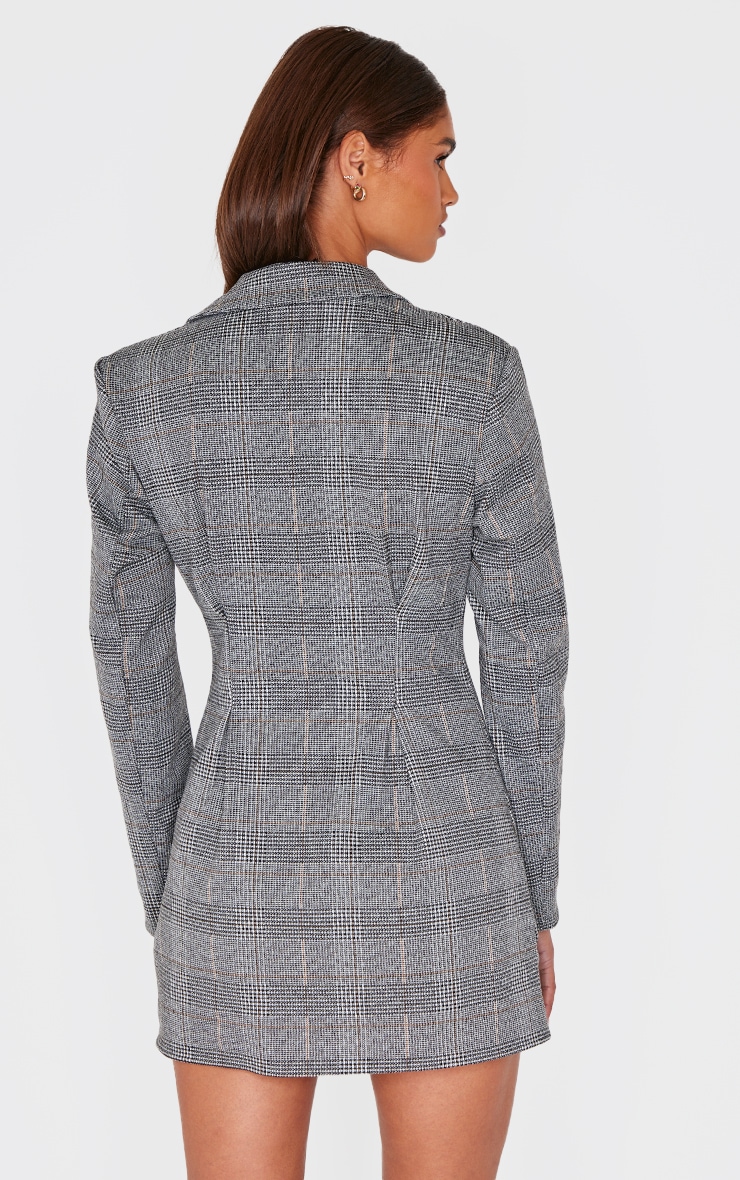 Grey Woven Check Cinched Waist Long Sleeve Blazer Dress image 2
