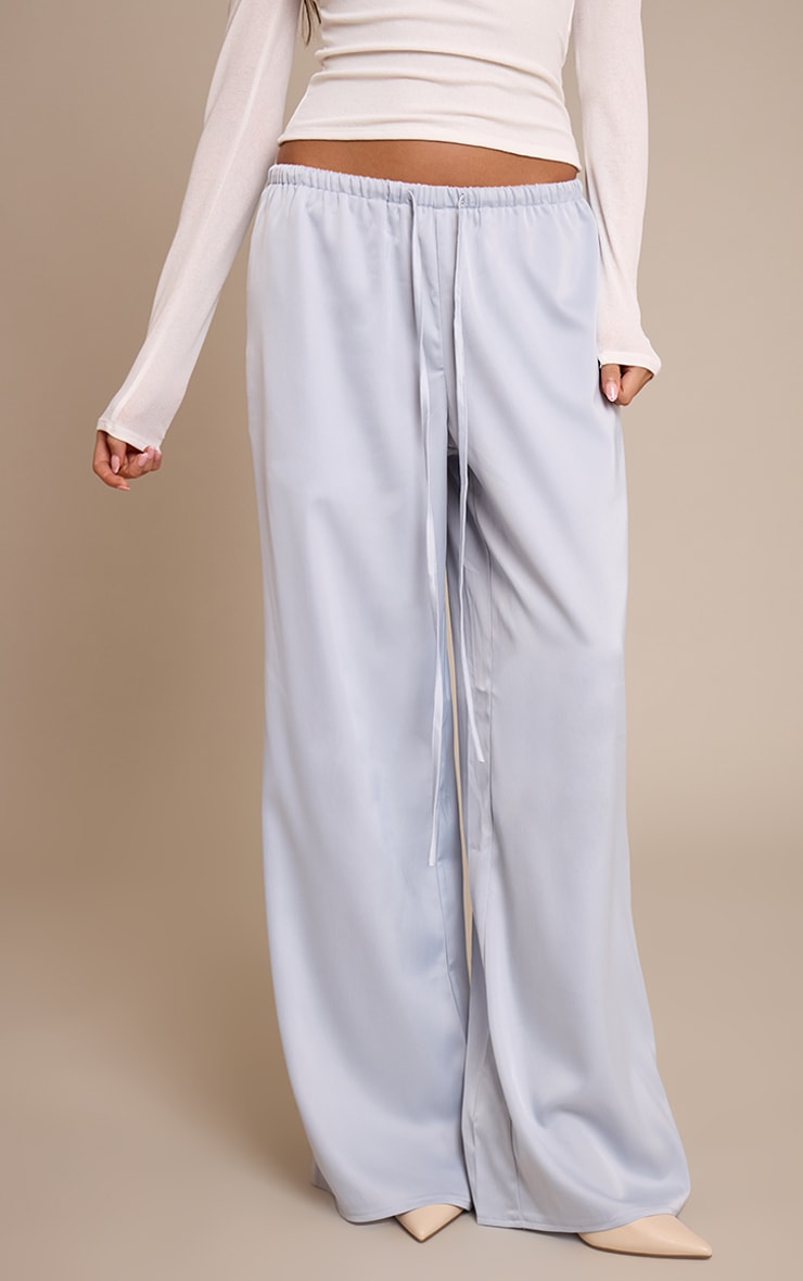 Baby Blue Satin Low Rise Wide Leg Tie Waist Pants image 2