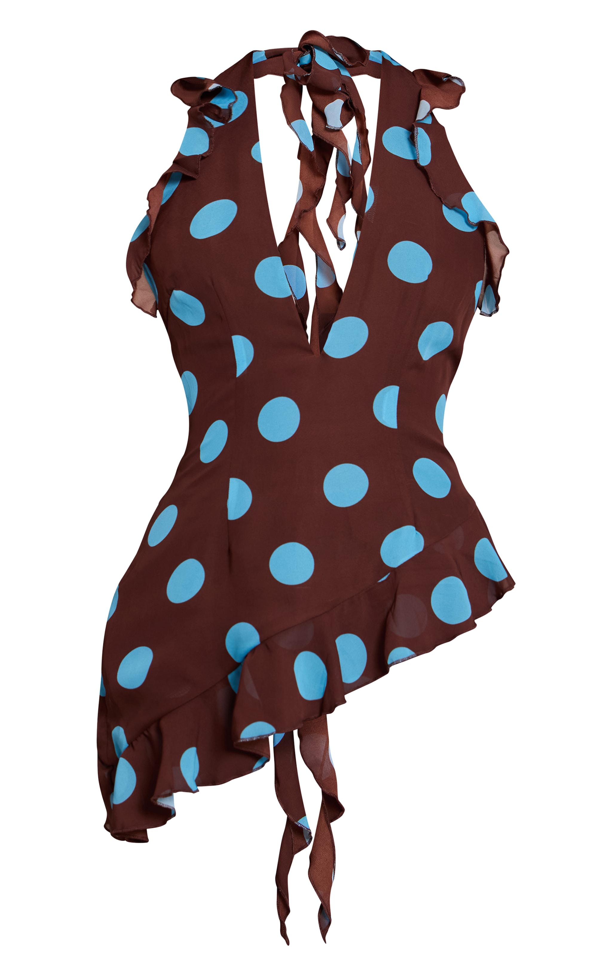 Brown Polka Dot Chiffon Frill Plunge Long Top image 5