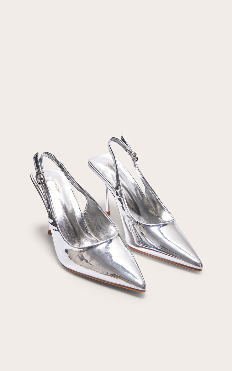 Silver PU Point Toe Sling Back Mid Heeled Courts image 2