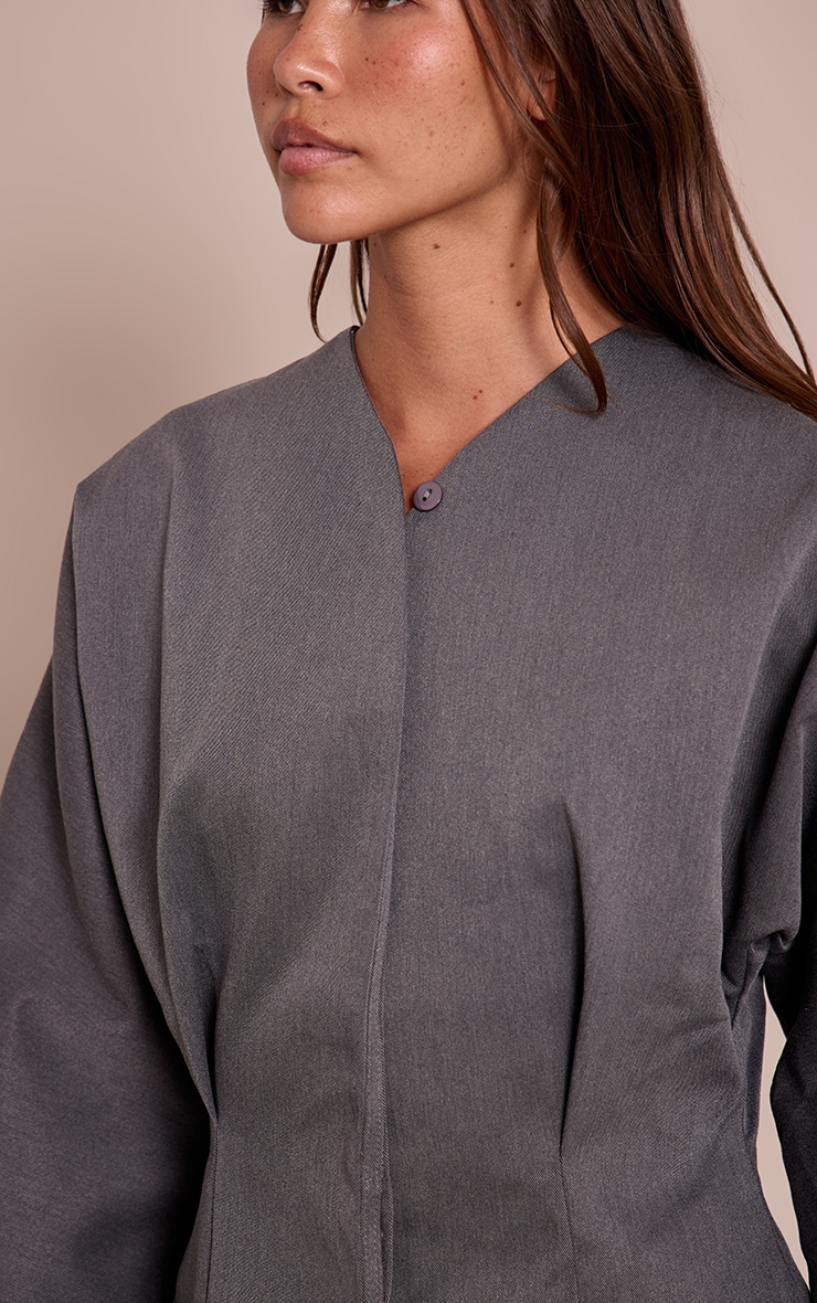 Charcoal Grey Premium Woven Tailored Collarless Blazer image 4