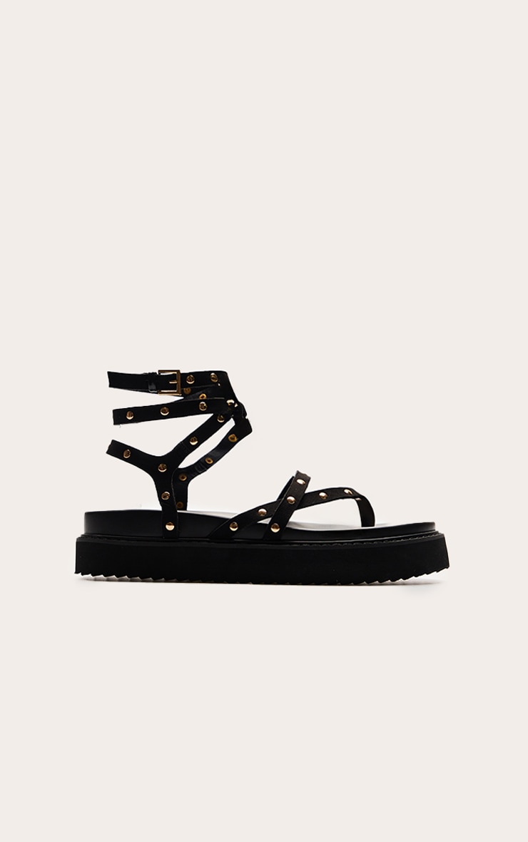 Black Faux Suede Round Toe Thong Studded Strappy Chunky Flatform Sandals image 2