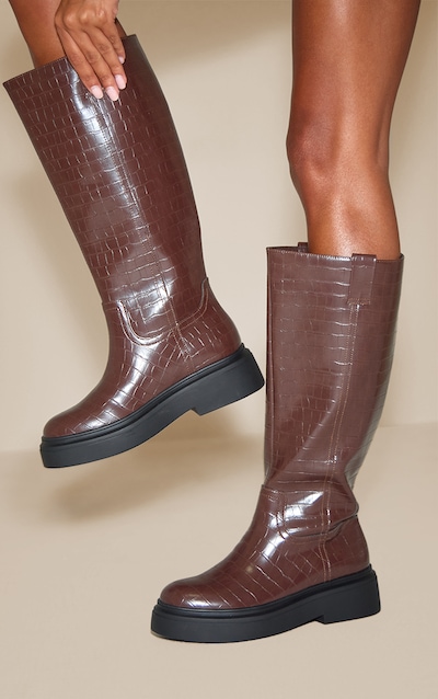 Chocolate Croc Chunky Straight Shaft Knee Boot