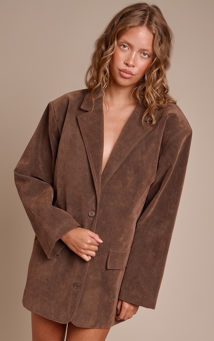 Chocolate Faux Suede Structured Blazer Dress image 3