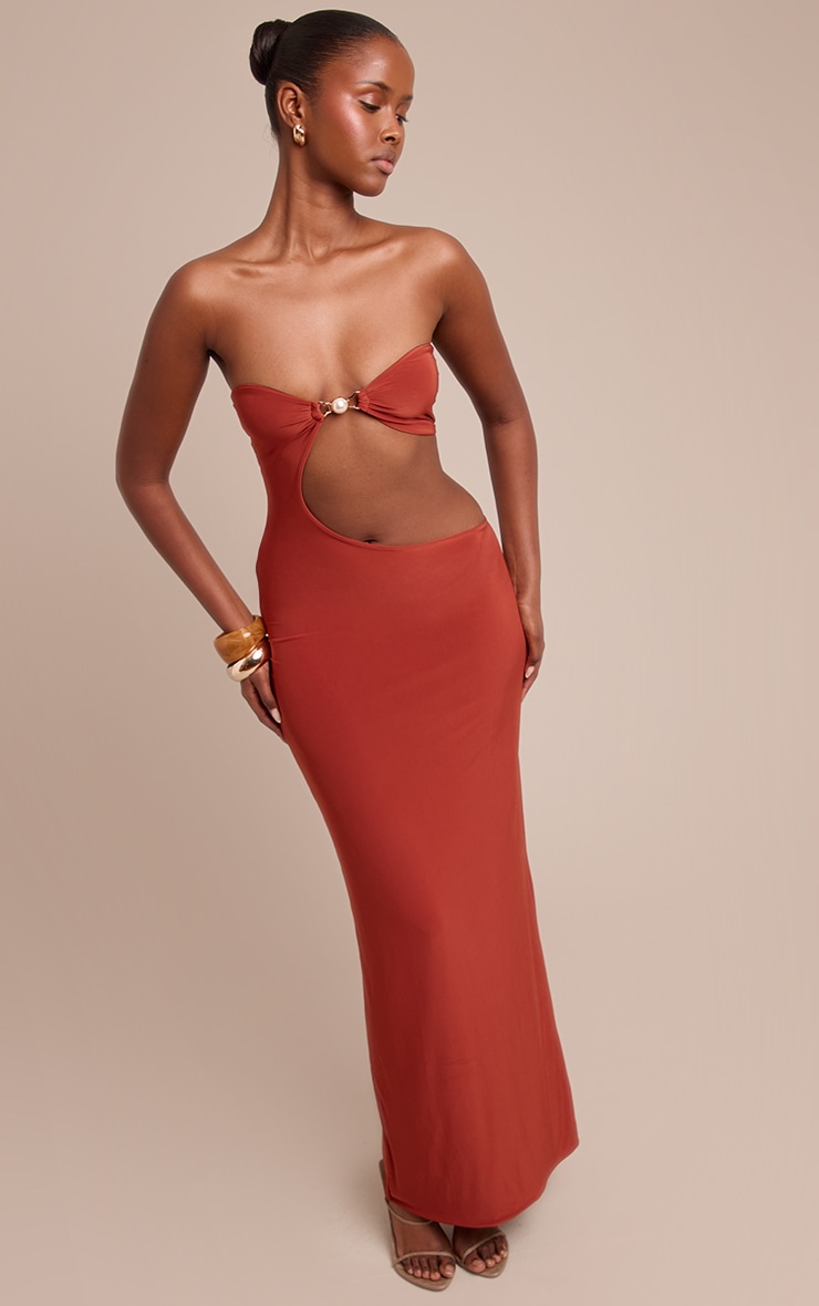 Rust Slinky Trim Detail Cut Out Maxi Dress image 3