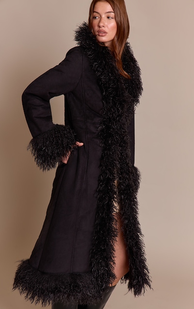 Black Faux Fur Trim Maxi Coat