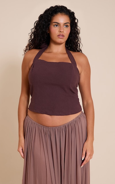 Plus Deep Chocolate Premium Linen Halterneck Top