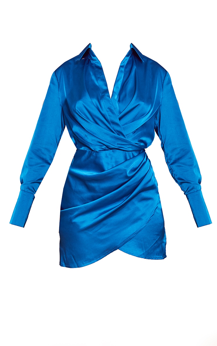 Blue Satin Plunge Twist Front Shirt Style Bodycon Dress image 5