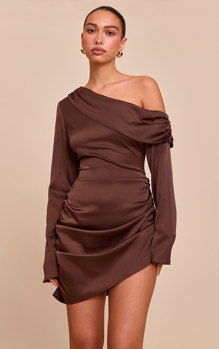 Chocolate Satin One Shoulder Drape Bodycon Dress image 1