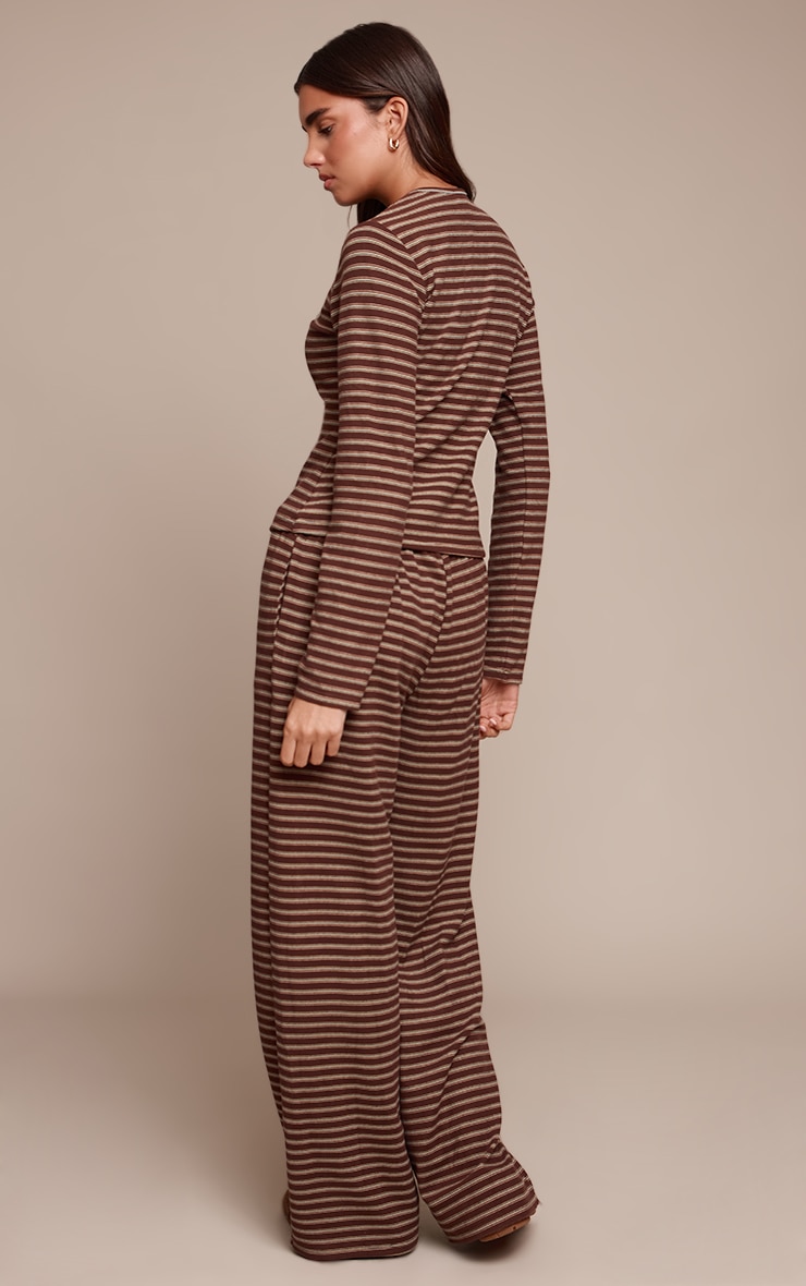 Dark Brown Soft Fleece Striped Straight Leg Pants image 3