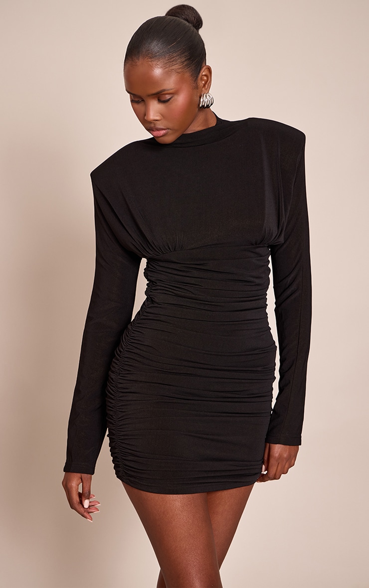 Black Ruched Long Sleeve Bodycon Dress image 1