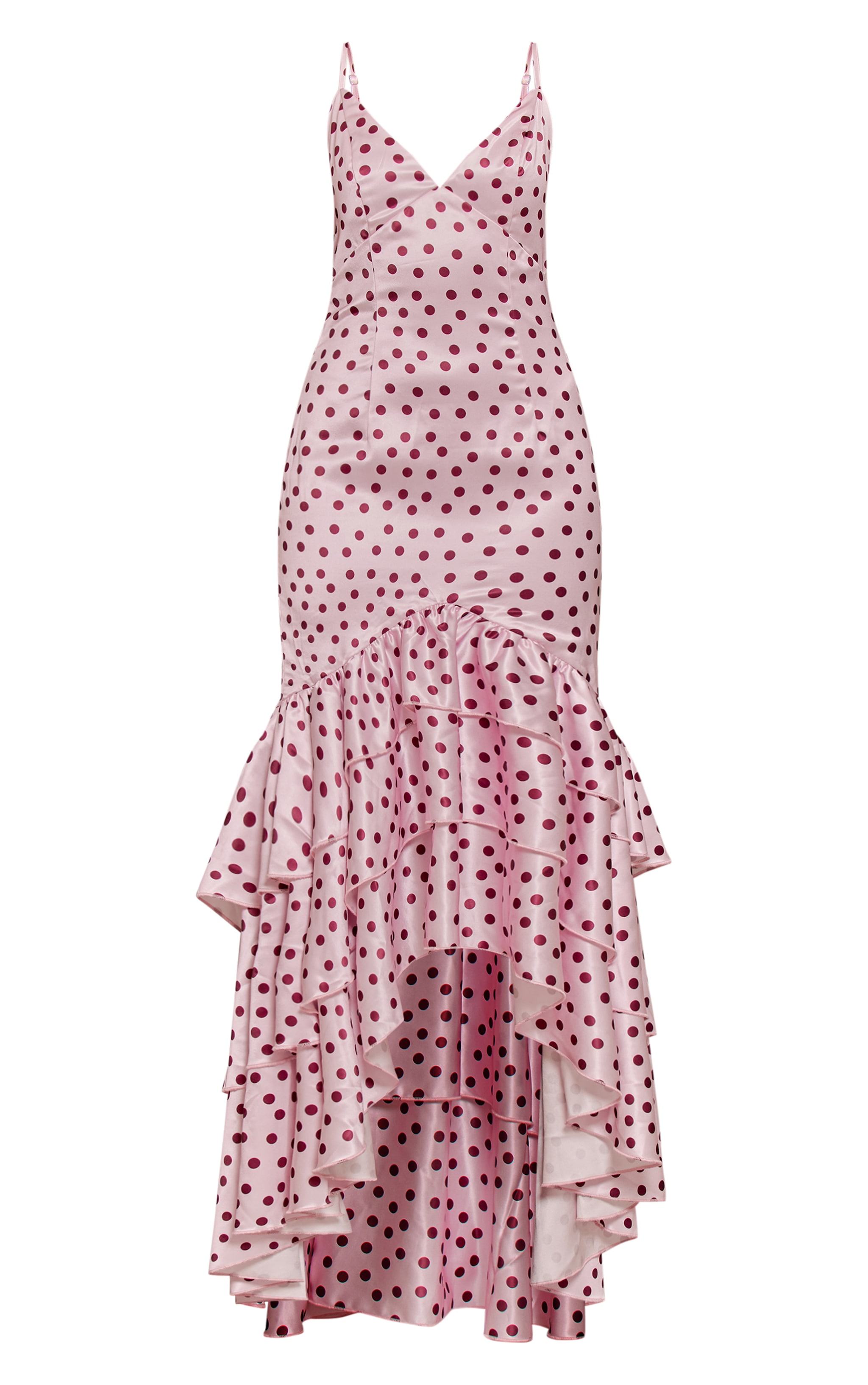 Pink Polka Dot Satin Plunge Extreme Frill Hem Maxi Dress image 5