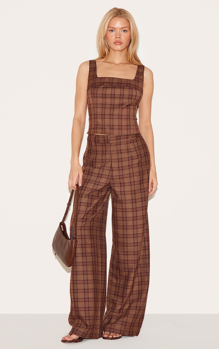 Brown Tailored Woven Check Square Neck Top image 3