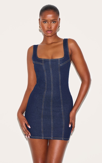 Mini robe indigo à coutures contrastantes