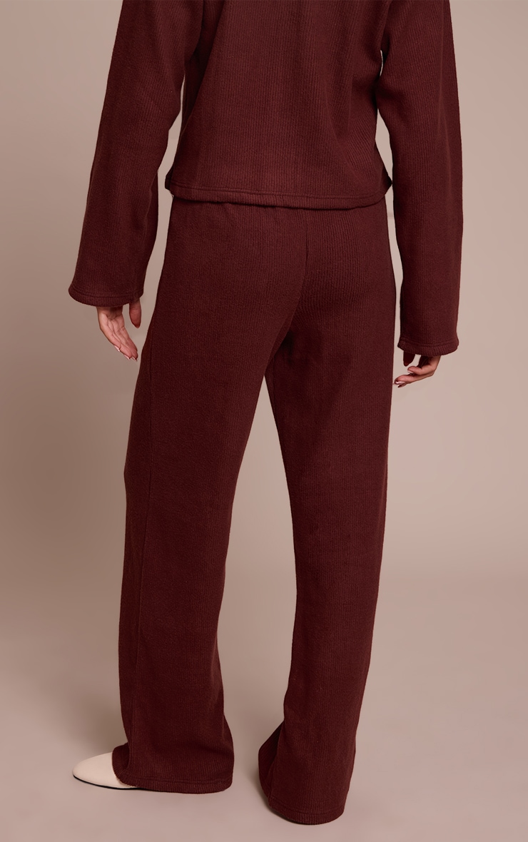 Chocolate Brown Soft Brushed Chunky Rib Wide Leg Pant image 3