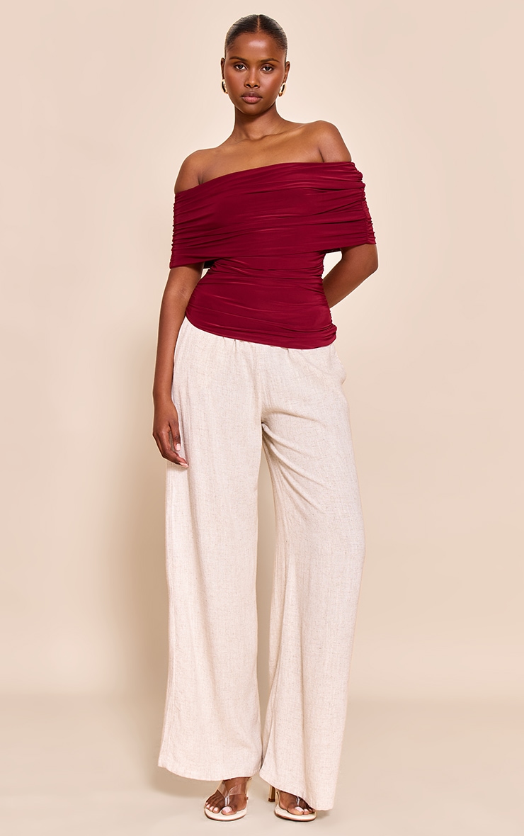 Deep Red Double Layer Slinky Ruched Bardot Long Top image 3
