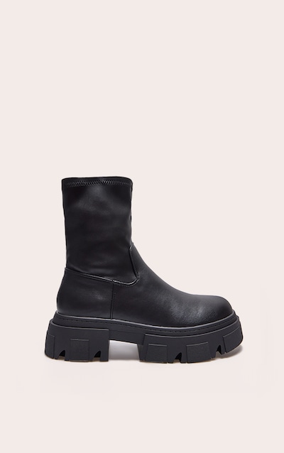 Black Pu Textured Extreme Cleated Sole Ankle Sock Boots