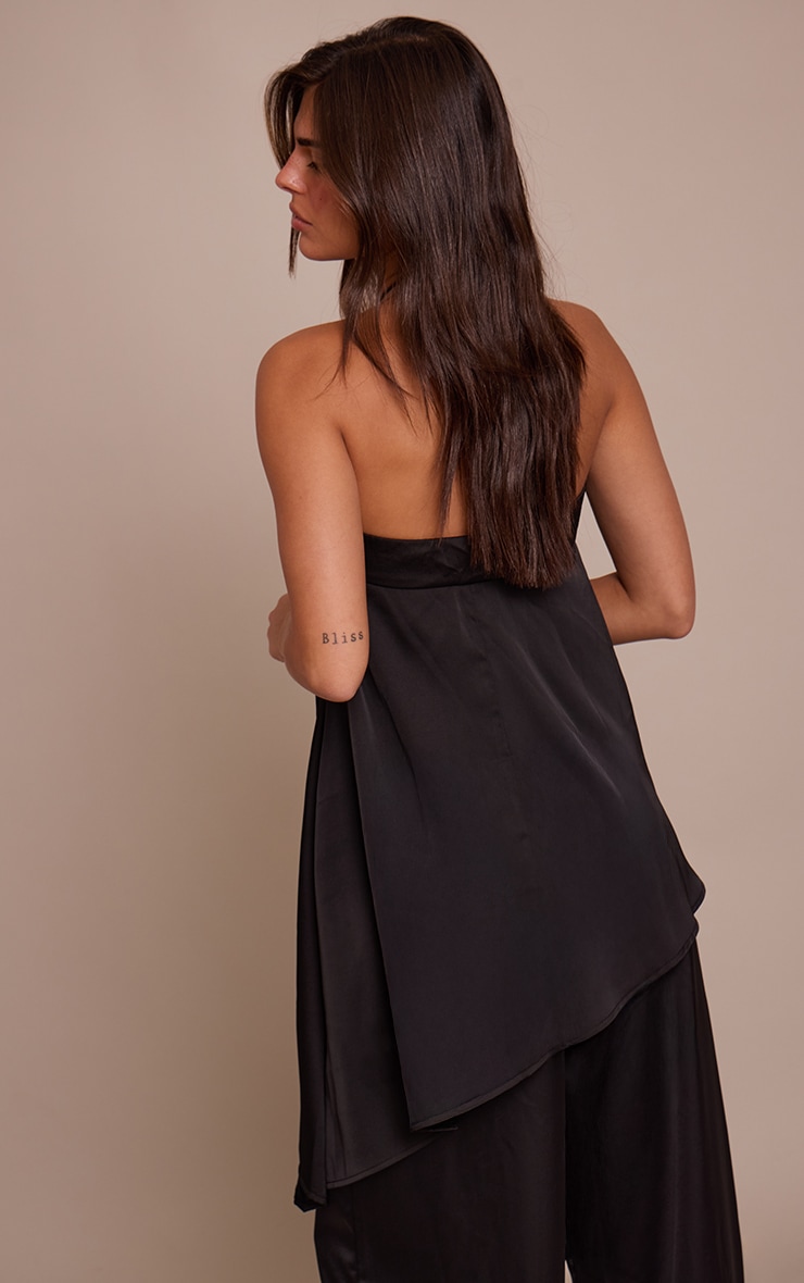 Black Satin Bandeau Asymmetric Hem Floaty Long Top image 2