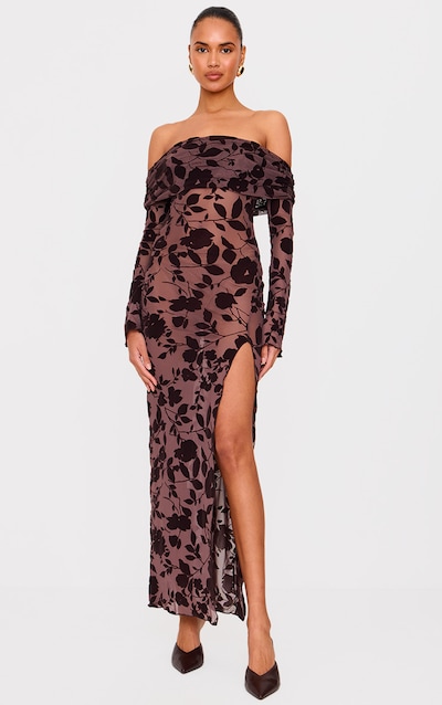 Chocolate Devore Bardot Long Sleeve Maxi Dress