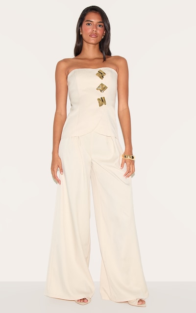 Cream Woven Bandeau Trim Detail Straight Leg Jumpsuit