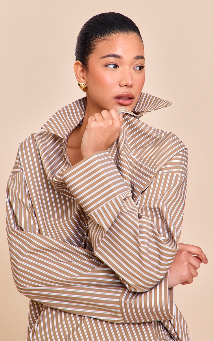 Olive Woven Pinstripe Balloon Sleeve Oversized Shirt image 4