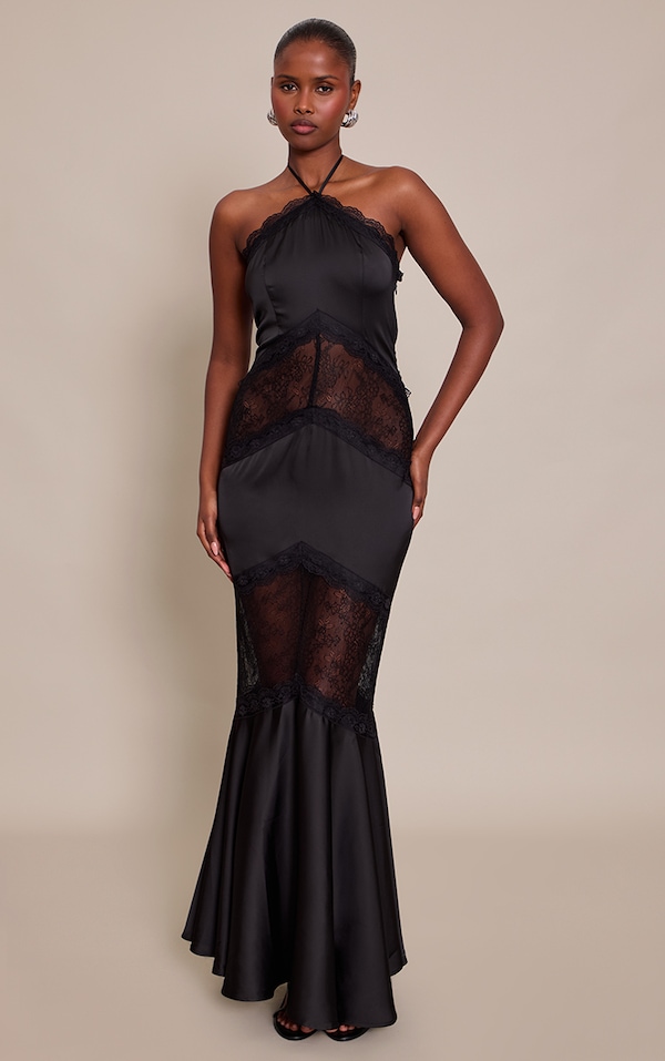 Black Pleated Frill Halterneck Maxi Dress