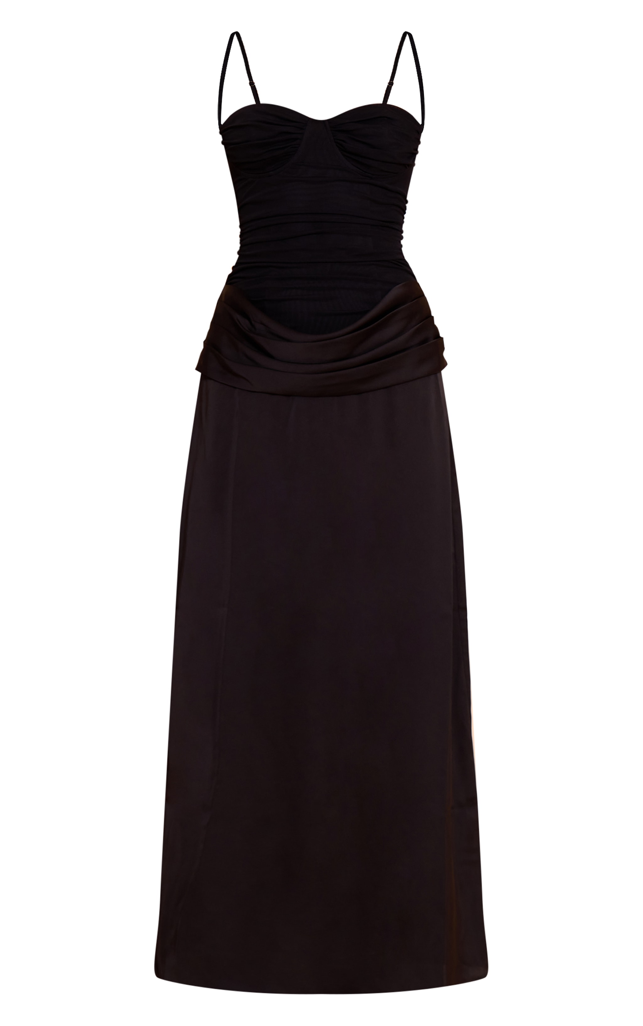 Black Chiffon Dropped Waist Ruched Detail Maxi Dress image 5