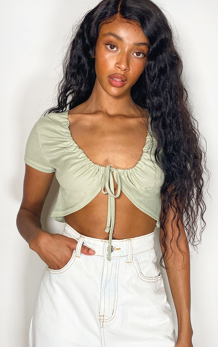 Sage Green Rib Drawstring Tie Crop Top