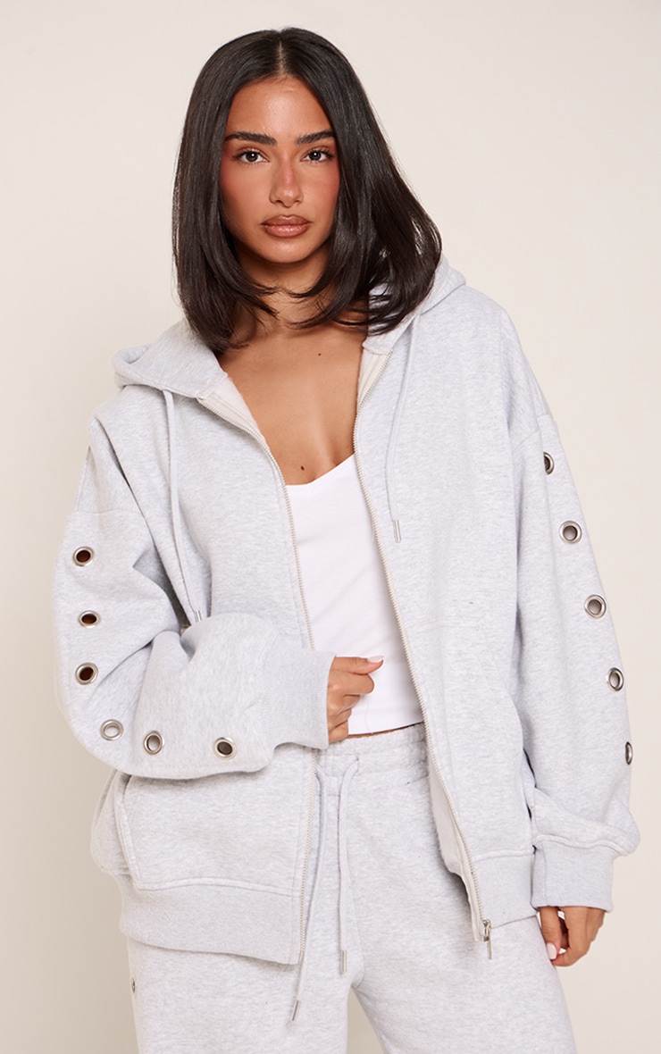 Petite Ash Grey Eyelet Sleeve Detail Zip Up Hoodie