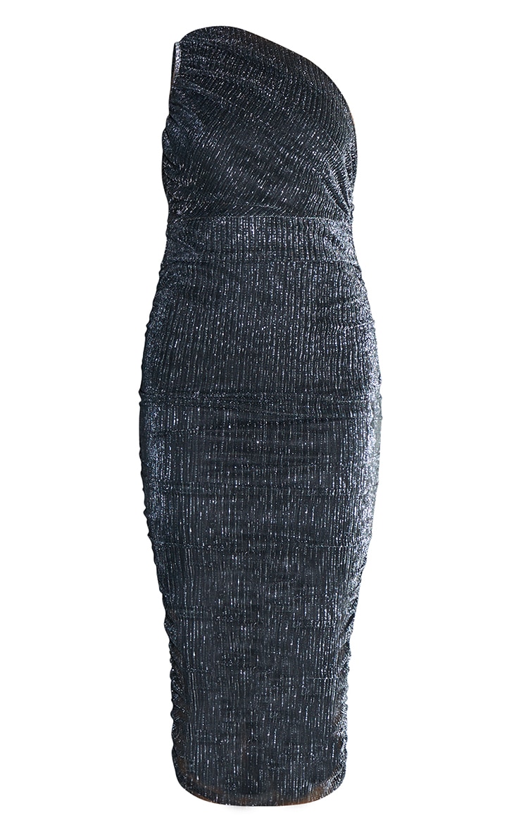 Black Glitter Plisse One Shoulder Ruched Midi Dress image 3