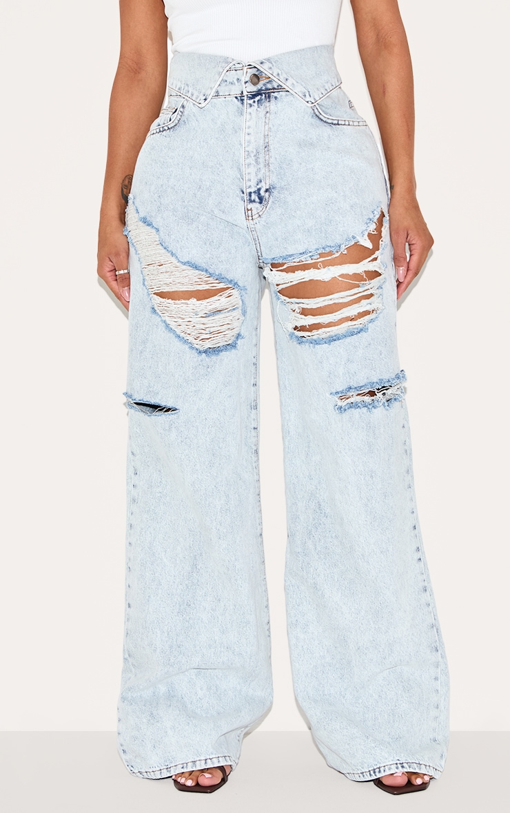 Shape Light Blue Acid Wash Denim Foldover Waist Ripped Wide Leg Jeans image 2