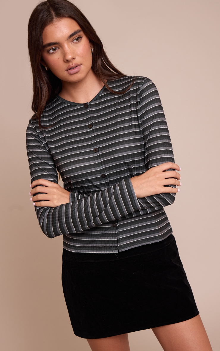 Khaki Stripe Rib Button Down Long Sleeve Top