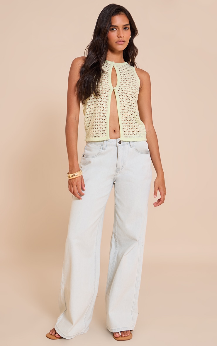 Lime Crochet Knit Cut Out Pearled Button Vest Top image 3