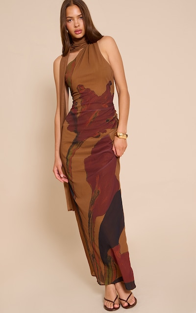 Brown Floral Print Chiffon High Neck Maxi Dress