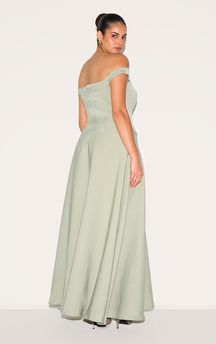 Plus Sage Green Structured Bardot V Waist Maxi Dress image 2