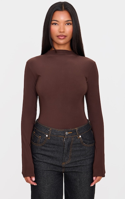 Chocolate Slinky High Neck Long Sleeve Bodysuit