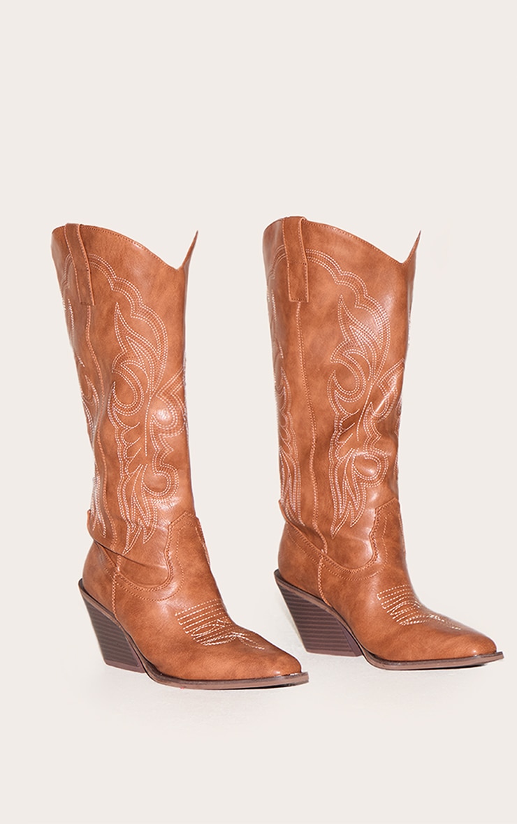 Tan PU Point Toe Calf High Western Boots image 2
