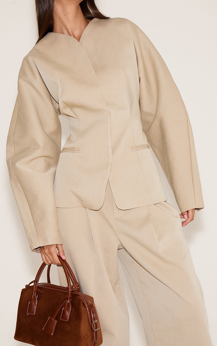Sand Premium Woven Tailored Collarless Blazer image 4