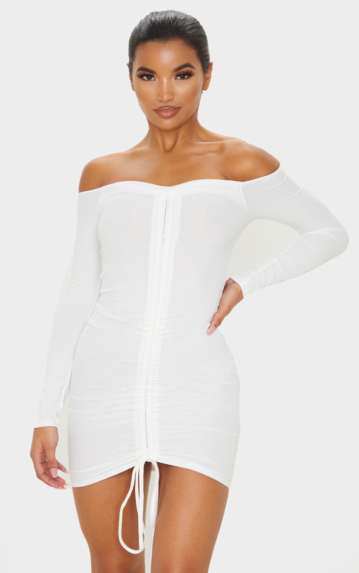 White Ribbed Long Sleeve Ruched Bodycon Dress