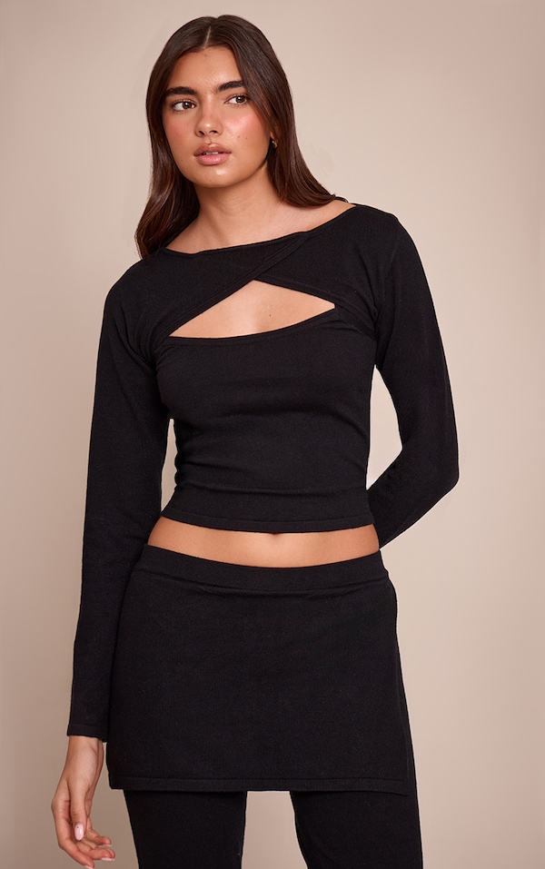 Black Fine Knit Trim Detail Wrap Cardigan