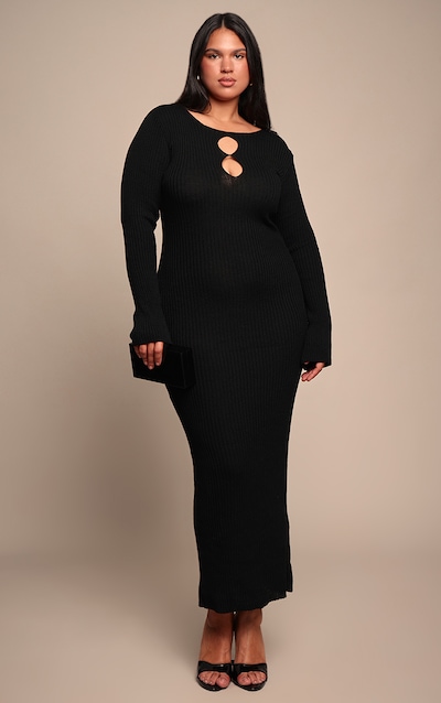 Plus Black Ribbed Keyhole Knitted Midaxi Dress