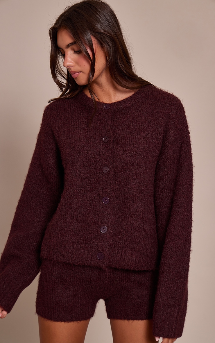 Cardigan oversize brossé prune à col rond image 4