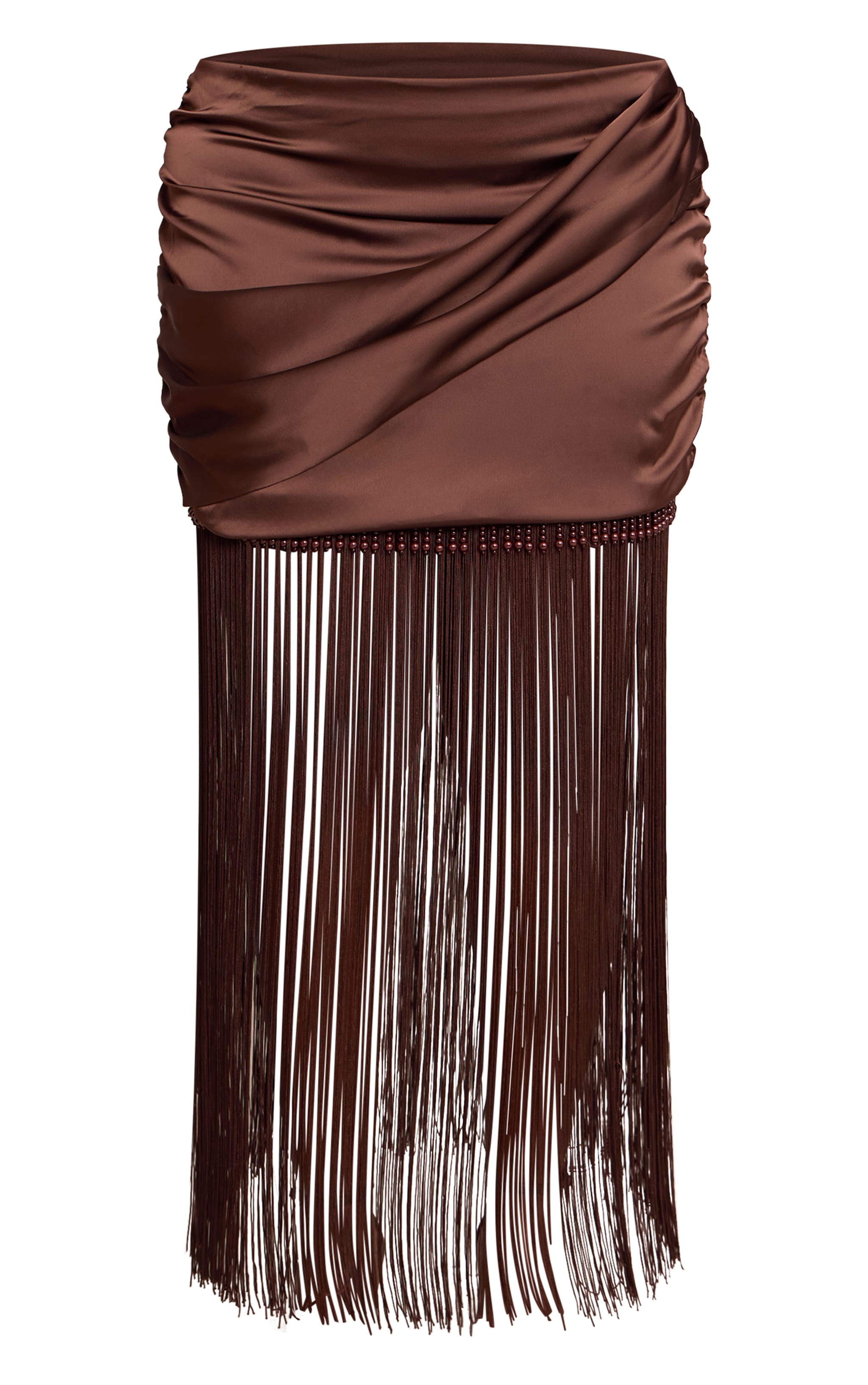 Plus Mini-jupe satinée marron chocolat à ourlet perlé et franges image 6